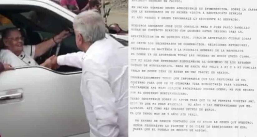 Presidencia difunde nueva carta de la mamá de El Chapo a AMLO