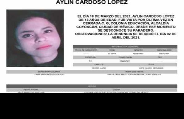 Emiten alerta amber para Aylin Cardoso, desaparecida en Coyoacán.