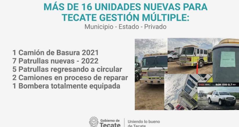 Más de 16 unidades nuevas para Tecate: patrullas, camión de basura y bombera.