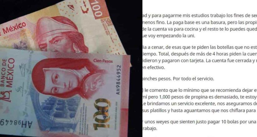 “Raza tacaña”, mesero denuncia propina de 100 pesos por una cuenta de 10 mil