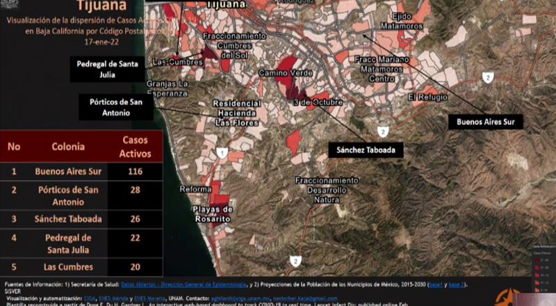 SSA informa las Colonias con mayor concentración de casos activos Covid-19 en Tijuana