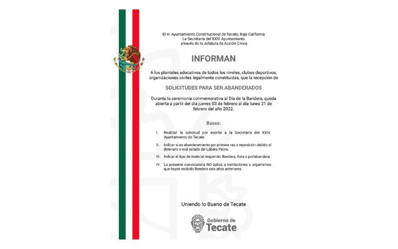 Gobierno de Tecate da inicio a la recepción de solicitudes para ser abanderados durante la ceremonia del Día de la Bandera