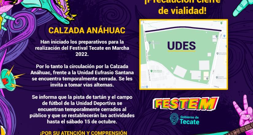 Gobierno de Tecate informa cierre de vialidad y Unidad Deportiva Eufrasio Santana del 12 al 15 de octubre