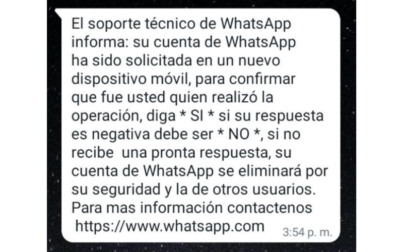 Falso mensaje de soporte técnico de WhatsApp busca robar cuentas