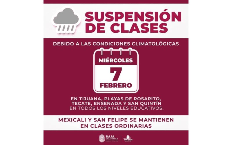 Se suspenden clases este miércoles 7 de febrero en la zona costa de BC por lluvias