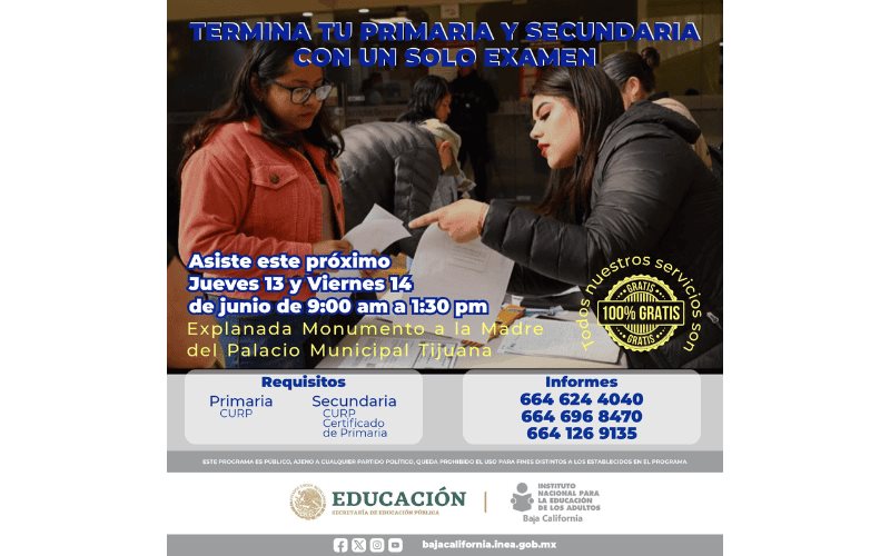 Próximos 13 y 14 de junio realizarán jornada de acreditación de primaria y secundaria en explanada de Palacio Municipal