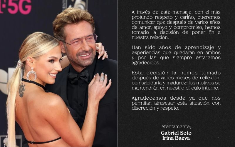 Gabriel Soto e Irina Baeva confirman el fin de su relación