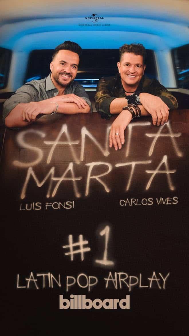 Luis Fonsi lidera la lista Latin Pop Airplay de Billboard con su éxito "Santa Marta" junto a Carlos Vives