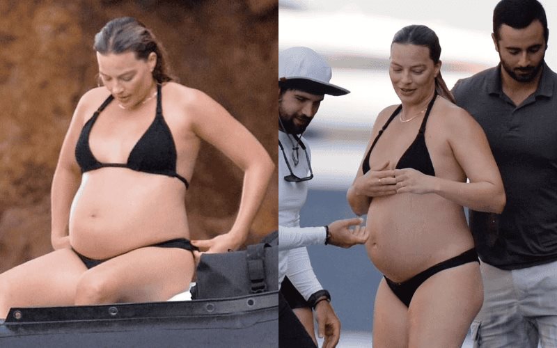 Margot Robbie presume su baby bump en bikini negro